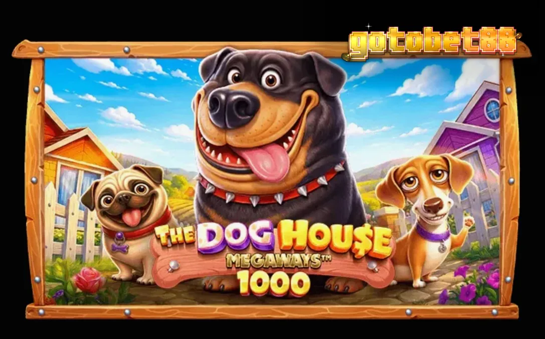 Tampilan visual mesin slot The Dog House Megaways 1000 dengan latar belakang pedesaan yang ceria.